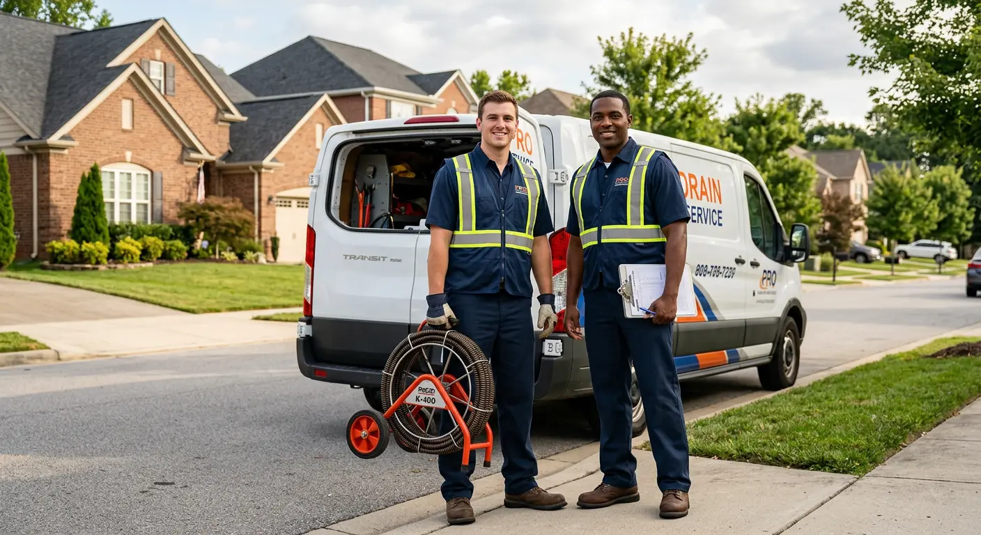 Sewer and drain service team with equipment ready for work in Evansville
