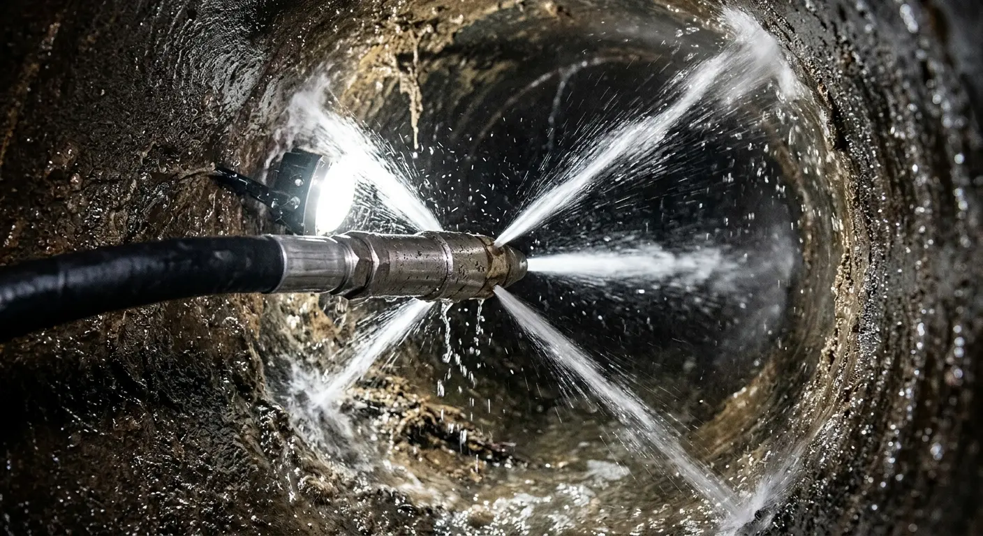 High-pressure hydro jetting nozzle cleaning sewer pipe for Emergency Drain Service in Evansville