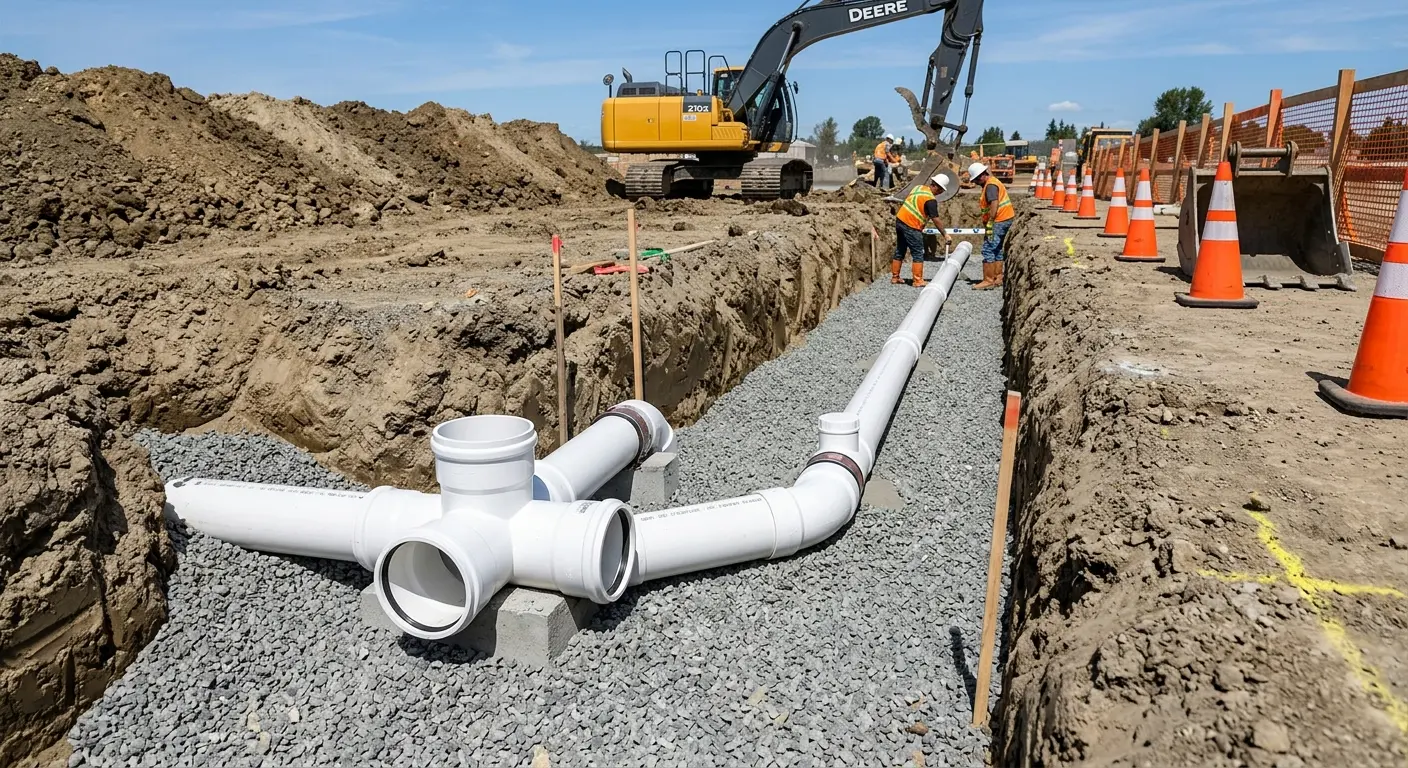 New PVC sewer pipe installation in open trench for Commercial Drain Cleaning in Evansville